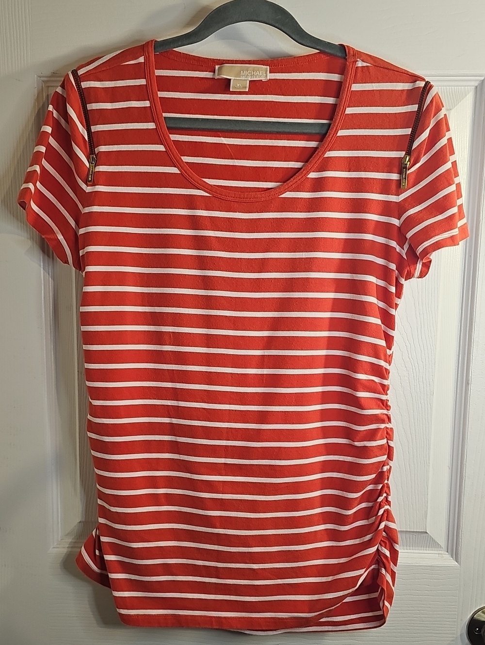 Michael Kors Red & White Striped Short-Sleeve Scoop Neck Tee with Side Ruche
